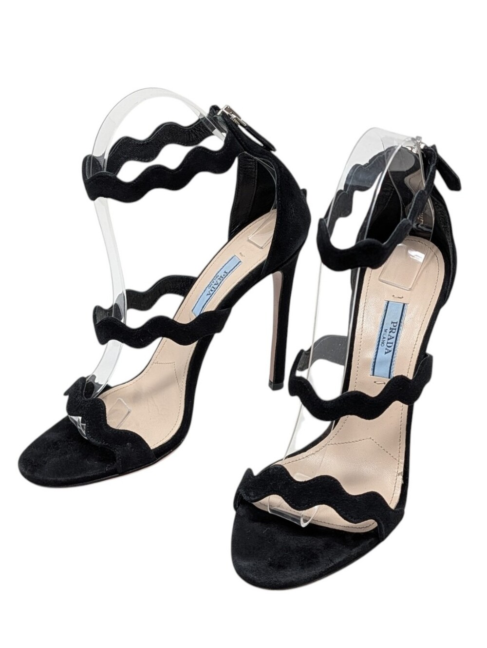 Prada Black Suede Scalloped Heeled Stiletto Dress Up Evening Sandals Size EU 37